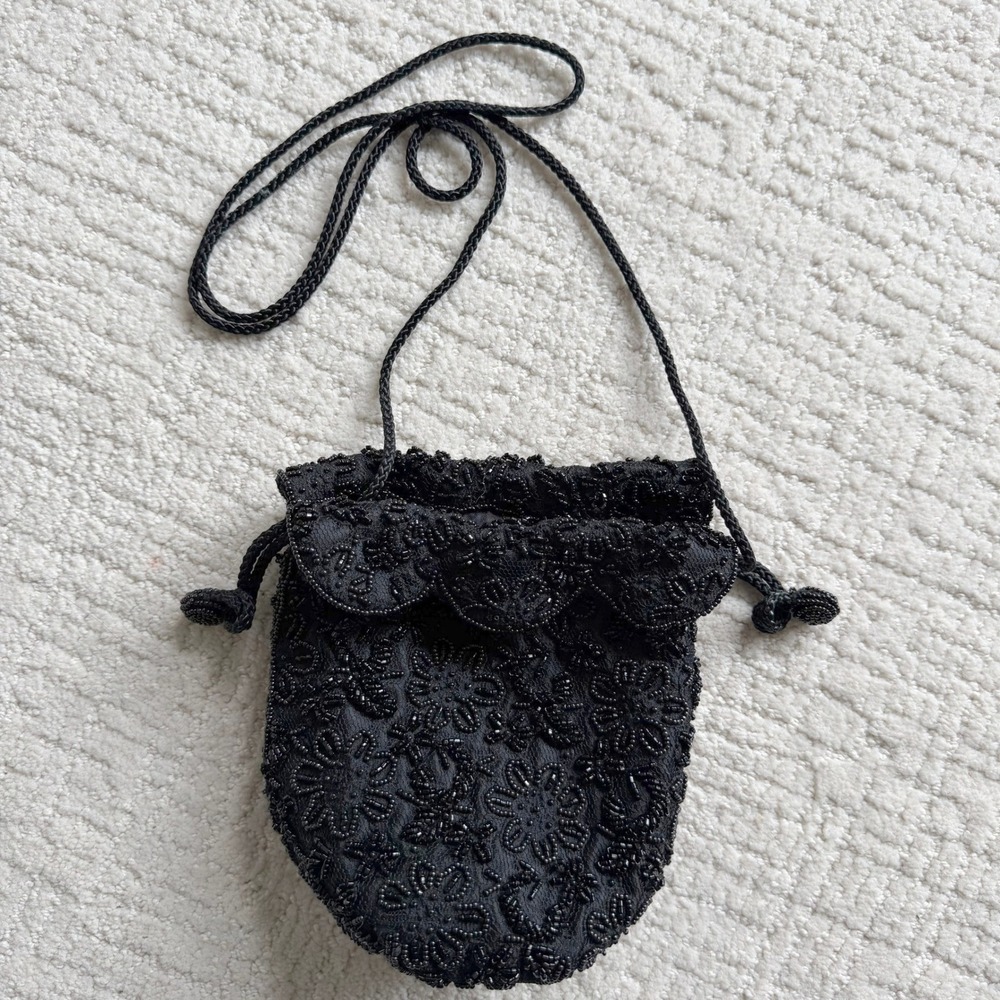 La Regale Vintage Black Beaded Drawstring Crossbody Evening Bag Floral Lace